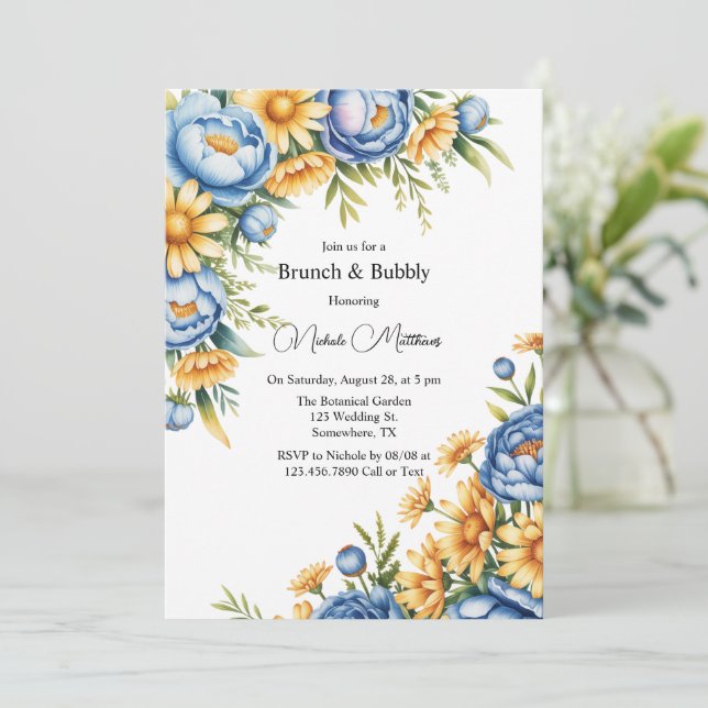 Blue Peony and Yellow Daisies Brunch & Bubbly Invitation (Standing Front)