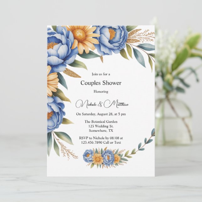 Blue Peony and Yellow Daisies Couples Shower Invitation (Standing Front)