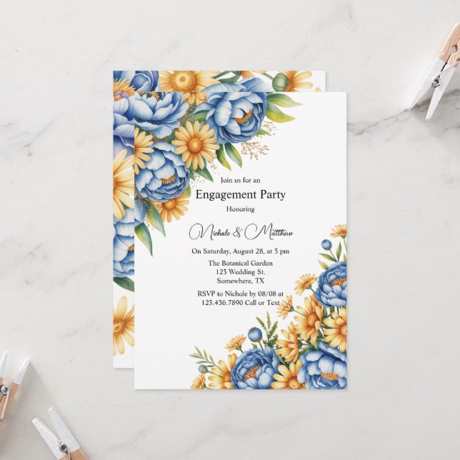 Blue Peony and Yellow Daisies Engagement Party Invitation (Front/Back In Situ)