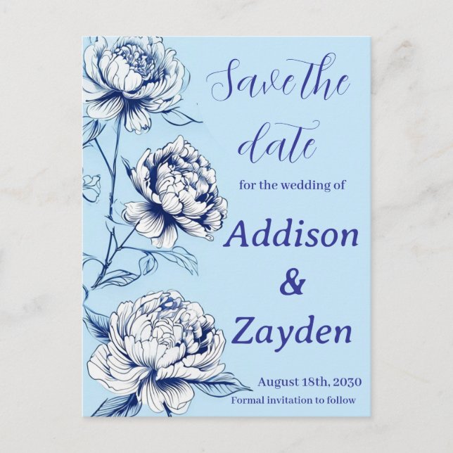 Blue Peony Chinoiserie Save the Date Cards (Front)
