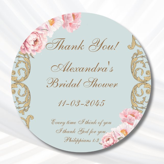 Blue Peony Christian Bridal Shower Thank You Classic Round Sticker (Creator Uploaded)