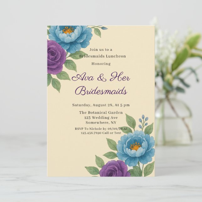 Blue Peony & Fig Purple Rose Bridesmaids Luncheon Invitation (Standing Front)