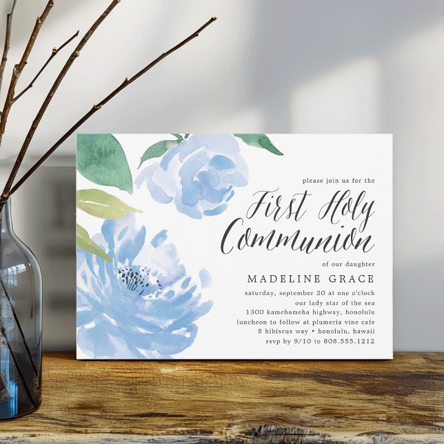 Blue Peony | First Holy Communion Invitation (Creator Uploaded)