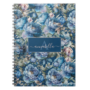 Blue peony floral Monogram name Notebook