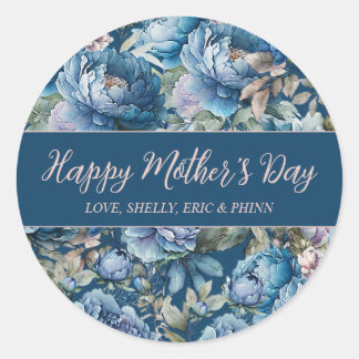 Blue peony floral pattern Happy Mother's Day Classic Round Sticker