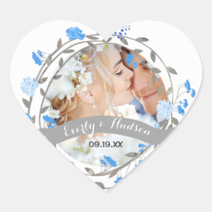 Blue Peony Floral Wreath Wedding Heart Sticker
