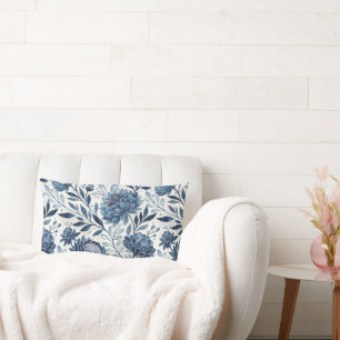 Blue Peony Garden Watercolor Lumbar Cushion