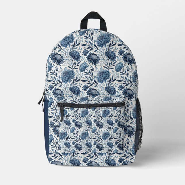 Blue Peony Garden Watercolor Printed Backpack (Front)