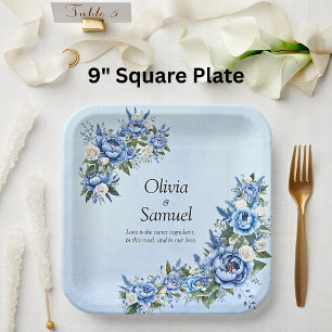 Blue Peony on Blue 9" Square Paper Plate
