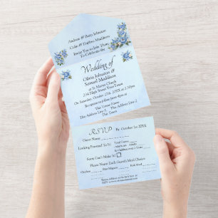 Blue Peony on Blue  All In One Invitation