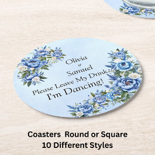 Blue Peony on Blue Leave My Drink! Round Paper Coaster