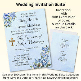 Blue Peony on Blue Wedding Suite Invitation