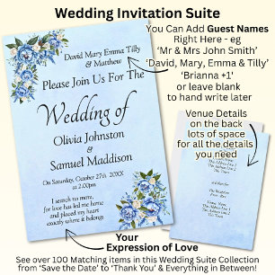 Blue Peony on Blue Wedding Suite Invitation