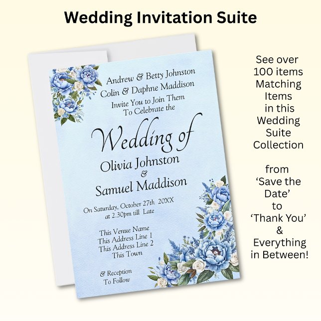 Blue Peony on Blue Wedding Suite Invitation #A (Creator Uploaded)