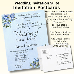 Blue Peony on Blue Wedding Suite Invitation Postcard