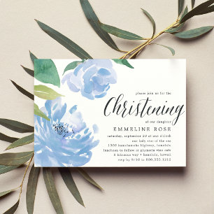 Blue Peony   Watercolor Floral Christening Invitation