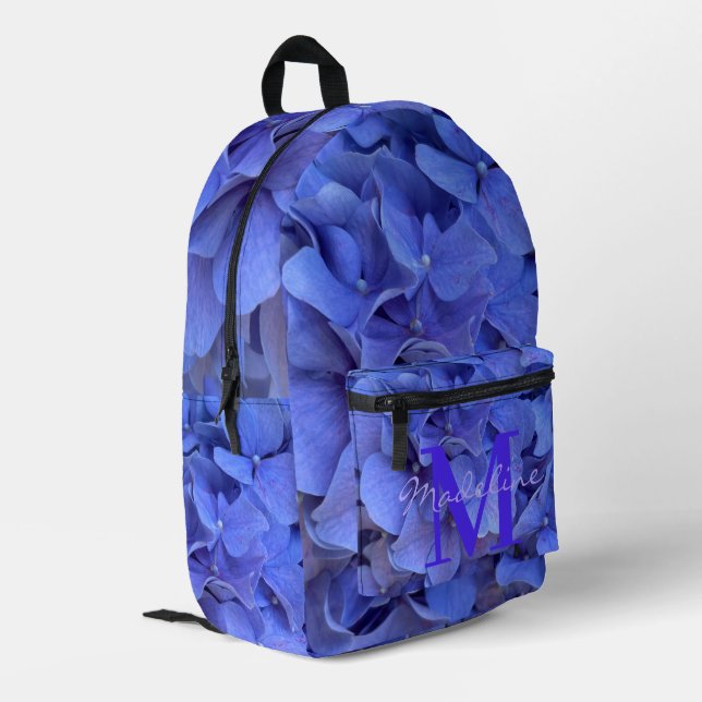 Blue periwinkle elegant floral hydrangeas monogram printed backpack (Back Corner Left)