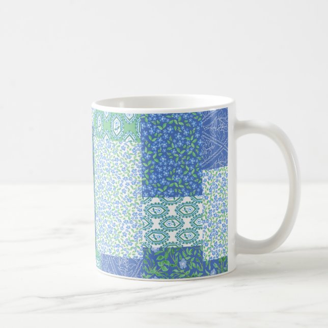 Blue Periwinkle Floral Boho Faux Patchwork Pattern Coffee Mug (Right)