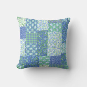 Blue Periwinkle Floral Boho Faux Patchwork Pattern Cushion