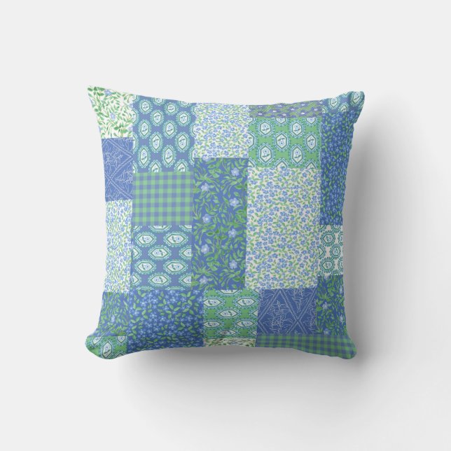 Blue Periwinkle Floral Boho Faux Patchwork Pattern Cushion (Front)