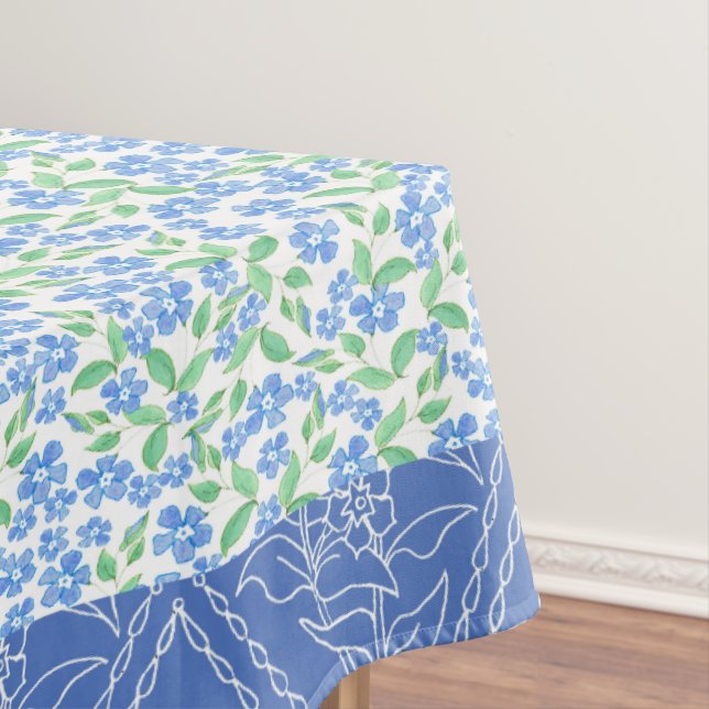 Blue Periwinkle Floral Boho Faux Patchwork Pattern Tablecloth (In Situ)