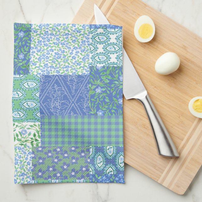 Blue Periwinkle Floral Boho Faux Patchwork Pattern Tea Towel (Quarter Fold)