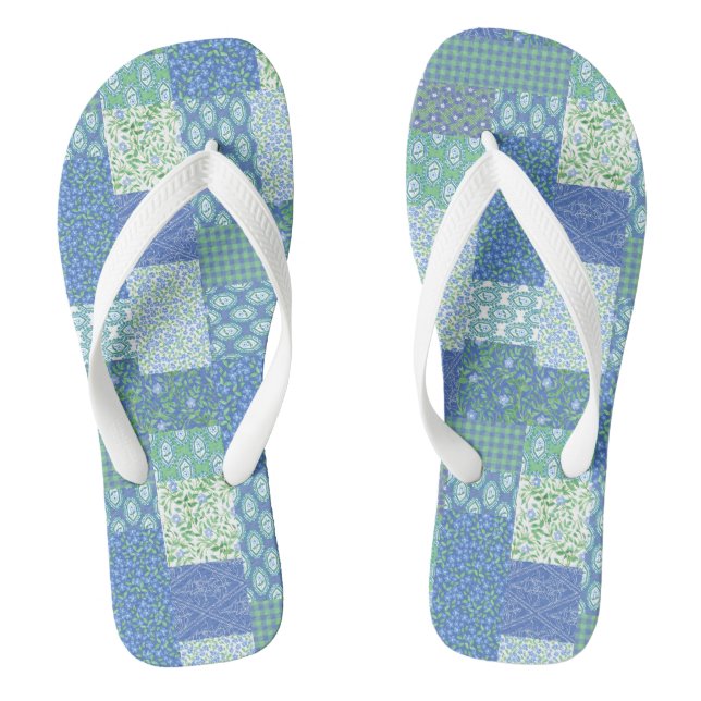 Blue Periwinkle Floral Boho Faux Patchwork Pattern Thongs (Footbed)
