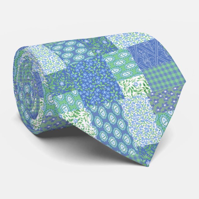 Blue Periwinkle Floral Boho Faux Patchwork Pattern Tie (Rolled)