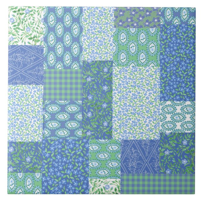 Blue Periwinkle Floral Boho Faux Patchwork Pattern Tile (Front)