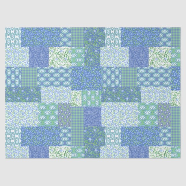 Blue Periwinkle Floral Boho Faux Patchwork Pattern Tissue Paper (Front)