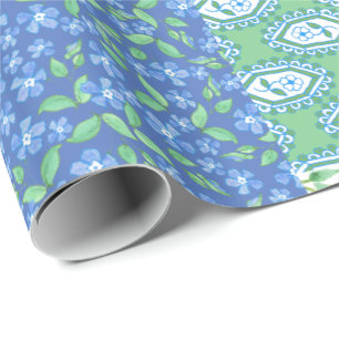 Blue Periwinkle Floral Boho Faux Patchwork Pattern Wrapping Paper