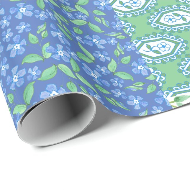 Blue Periwinkle Floral Boho Faux Patchwork Pattern Wrapping Paper (Roll Corner)