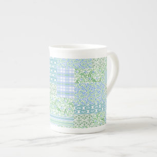 Blue Periwinkle Flowers Vintage Faux Patchwork Bone China Mug