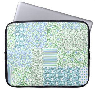 Blue Periwinkle Flowers Vintage Faux Patchwork Laptop Sleeve
