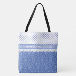 Blue Periwinkle Pattern, Faux Lace, Polka Dots Tote Bag