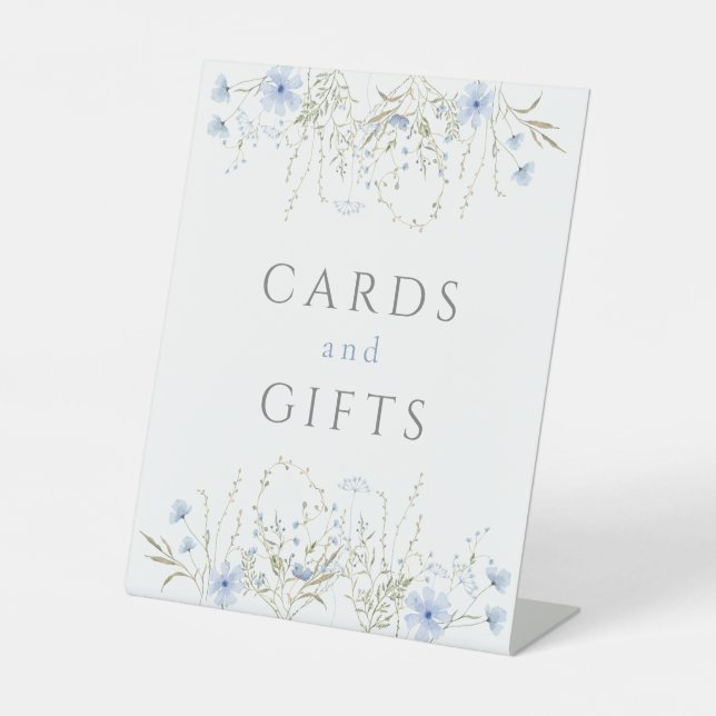 Blue Periwinkle Wildflower Wedding Favor Gift Pedestal Sign (Front)