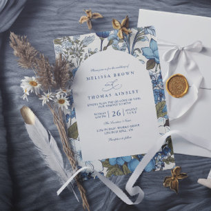 Blue Periwinkle Wildflowers Modern QR Code Wedding Invitation