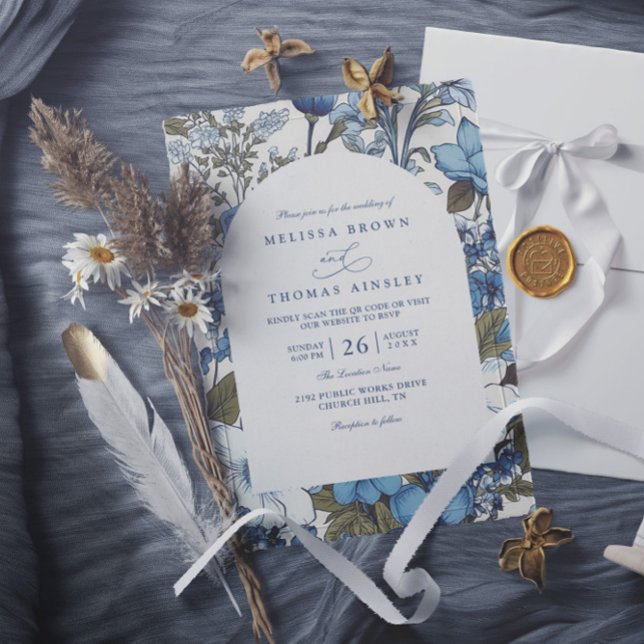 Blue Periwinkle Wildflowers Modern QR Code Wedding Invitation (Creator Uploaded)