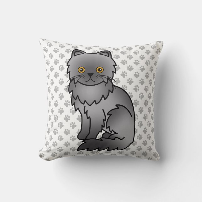 Blue Persian Cute Cartoon Cat & Paws Cushion (Front)