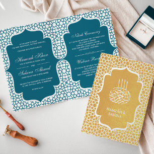 Blue Persian Gold Foil Muslim Wedding Invitation