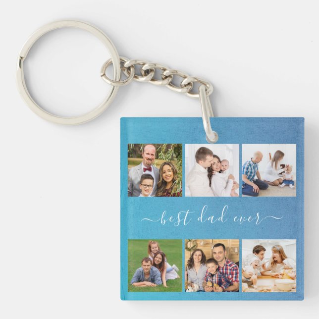 Blue Personalised 6 Photo and text, best dad ever Key Ring (Front)