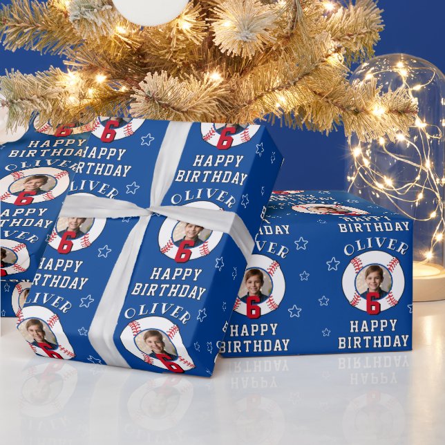 Blue Personalised Baseball Ball Birthday Photo Wrapping Paper (Holidays)
