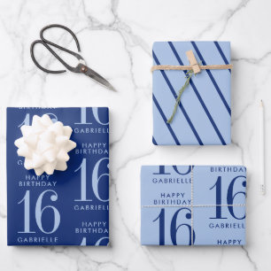 Blue Personalised Custom Age 16th Birthday Wrapping Paper Sheet