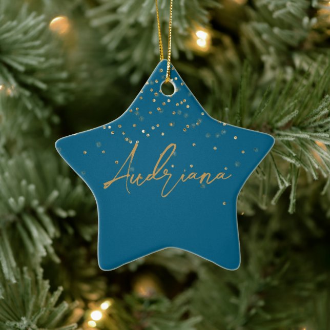 Blue Personalised Gold Name Glitter Sparkle Dots Ceramic Ornament (Tree)