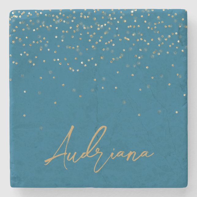 Blue Personalised Gold Name Glitter Sparkle Dots Stone Coaster (Front)