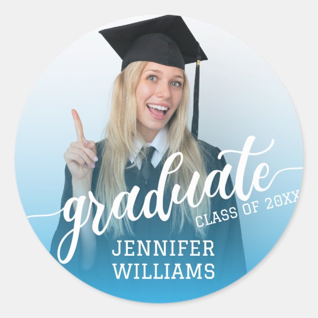 Blue Personalised Graduation Photo Graduate Party Classic Round Sticker (Front)