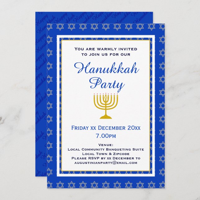 Blue Personalised Menorah HANUKKAH Party Invitation (Front/Back)