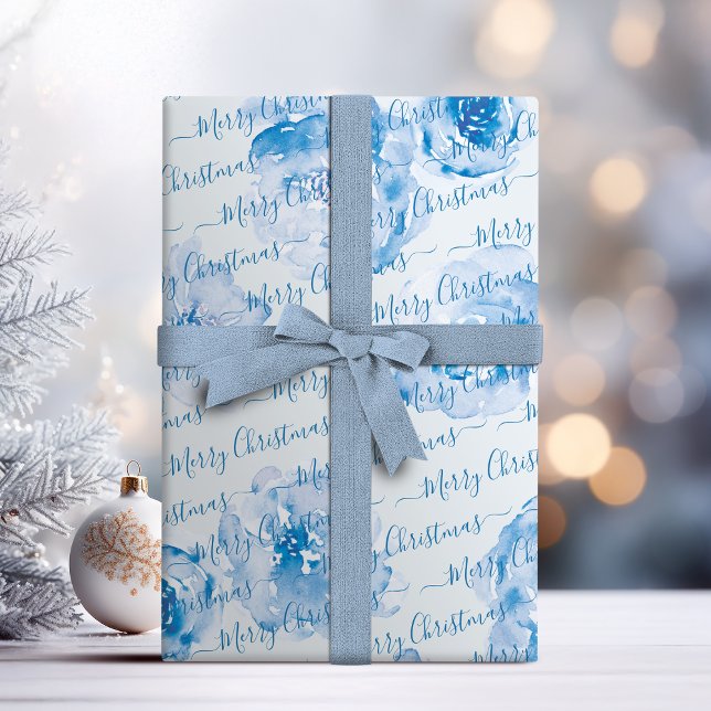 Blue Personalised Merry Christmas Script Floral Wrapping Paper (Blue Personalized Merry Christmas Script Floral Wrapping Paper)