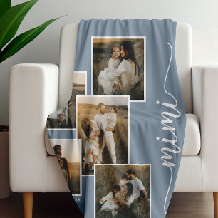 Blue Personalised Mimi Grandkid 5 Photo Collage  Fleece Blanket