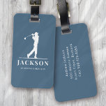 Blue Personalised Monogram Golfer Luggage Tag<br><div class="desc">This design features a golfer swinging a club and has two text fields that you can use to personalise it - perhaps with a name and golf team or club.</div>
